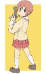  1girl absurdres arawi_keiichi_(style) border brown_footwear closed_mouth gun handgun highres holding holding_gun holding_weapon looking_back nichijou official_style pink_eyes pink_hair plaid plaid_skirt red_skirt sailor_collar school_uniform short_hair skirt socks suchus tachibana_misato tokisadame_school_uniform weapon white_border white_sailor_collar white_socks yellow_background 