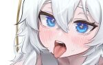 1girl absurdres blue_eyes blush girls&#039;_frontline hair_between_eyes highres long_hair looking_at_viewer ribear_9864 ribeyrolles_(girls&#039;_frontline) saliva solo sweatdrop teeth tongue tongue_out upper_teeth_only white_background white_hair 