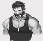  1boy bara beard black_tank_top call_of_duty call_of_duty:_modern_warfare_2 captain_price chest_hair cropped_torso facial_hair full_beard greyscale gryph_(gryphonburger) large_pectorals looking_at_viewer male_focus mature_male monochrome muscular muscular_male old old_man pectoral_cleavage pectorals seductive_smile short_hair smile solo tank_top thick_beard thick_eyebrows wrinkled_skin 