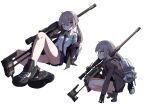  1girl backpack bag black_necktie blush bolt_action cheytac_m200 collared_shirt crossed_ankles double-parted_bangs earmuffs full_body girls&#039;_frontline grey_hair gun hair_between_eyes holding holding_bag holding_gun holding_weapon jacket kkusak_(kkusag_ks) loose_necktie m200_(girls&#039;_frontline) medium_hair multiple_views necktie open_clothes open_jacket panties pantyshot pleated_skirt ponytail purple_eyes rifle shirt shirt_tucked_in shoes sitting skirt sneakers sniper_rifle squatting underwear weapon white_background white_panties 