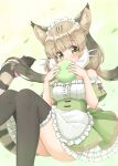  1girl absurdres animal_ears apron cat_ears cat_girl cat_tail dress extra_ears food green_dress grey_hair highres japari_bun jungle_cat_(kemono_friends) kemono_friends long_hair looking_at_viewer maid_apron maid_headdress ribbon shiraha_maru simple_background solo tail thighhighs twintails yellow_eyes 