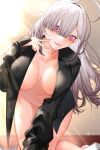  1girl ahoge black_coat blunt_bangs blush breasts breasts_apart coat collarbone commentary eyelashes gomo grey_hair groin hair_intakes hair_over_one_eye highres indoors kneeling large_breasts legs long_hair long_sleeves looking_at_viewer lower_teeth_only mole mole_under_eye naked_coat navel nijisanji open_clothes open_coat open_mouth pink_eyes sleeves_past_wrists smile solo stomach sukoya_kana sunlight teeth thighs v virtual_youtuber 