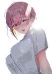  1girl absurdres blue_eyes blush breasts go-toubun_no_hanayome highres large_breasts looking_at_viewer nakano_ichika nununu_(nununu386) open_mouth pink_hair shirt short_hair simple_background solo upper_body white_background white_shirt 