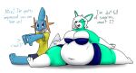 2021 3_toes 4_fingers aliasing amphibian anthro anthrofied asking asking_another athletic athletic_anthro athletic_female barefoot belly big_belly big_breasts biped black_eyelashes black_eyes black_nose black_text blue_body blue_bottomwear blue_bra blue_clothing blue_emanata blue_fin blue_shorts blue_skin blue_text blue_underwear bottomwear bra breasts canid canine cheek_gills cleavage clothed clothed_anthro clothed_female clothing color_coded_text colored compliment countershade_face countershade_neck countershade_skin countershade_torso countershading cracking cracking_knuckles cynthia_(cyclone29) deep_navel dialogue digital_drawing_(artwork) digital_media_(artwork) duo emanata english_text exclamation_point exercise external_gills eyelashes eyes_closed feet female female_anthro fin fingers flexible fox front_view full-length_portrait fur generation_3_pokemon gills gloves_(marking) green_body green_ears green_fur hair hair_over_eye head_fin head_gills interjection leg_markings loray_(thatoneaceguy) mammal markings midriff mudkip navel nintendo non-mammal_breasts non-mammal_navel obese obese_anthro obese_female one_eye_obstructed open_mouth open_smile orange_gills overweight overweight_anthro overweight_female pawpads pink_tongue pokemon pokemon_(species) pokemorph portrait red_mouth shaded shirt shorts simple_background skimpy smile socks_(marking) speech_bubble splits spread_legs spreading straight_legs tail tail_fin talking_to_another text thatoneaceguy thick_thighs toes tongue topwear underwear white_background white_body white_countershading white_hair white_inner_ear white_markings yellow_clothing yellow_shirt yellow_topwear