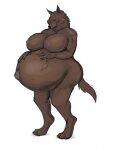 2019 4_toes 5_fingers anthro belly big_belly big_breasts black_nose breasts brown_body brown_fur canid canine canis claws featherhead feet female finger_claws fingers fur hand_on_stomach hi_res hindpaw huge_belly huge_breasts humanoid_hands magnhildr_one-eye mammal missing_eye navel nipples nude outie_navel paws pregnant pregnant_female scar scars_all_over signature smile solo standing toe_claws toes wolf