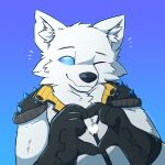 &lt;3 anthro arctic_fox blue_eyes blush canid canine clothing epic_games fortnite fox fur gloves handwear happy hi_res latex latex_clothing male mammal one_eye_closed otherpolanda solo spikes standing volpez_(fortnite) white_body white_clothing white_fur