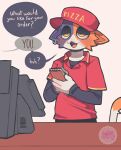 anthro calico_cat clothed clothing cute_fangs dialogue domestic_cat employee_uniform epic_games felid feline felis female fish_hook_piercing fortnite front_view fully_clothed fur hat headgear headwear hi_res lilbunpinky mammal meow_skulls_(fortnite) multicolored_body multicolored_fur notebook open_mouth shirt solo speech_bubble topwear writing_text