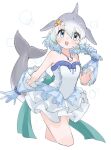  1girl back_bow bare_shoulders blonde_hair blowhole blue_dress blue_eyes blue_gloves blue_trim blush bow cetacean_tail common_bottlenose_dolphin_(kemono_friends) cosplay cowboy_shot dorsal_fin dress earrings fins fish_tail frilled_dress frilled_gloves frills gloves grey_hair hair_between_eyes hair_ornament head_fins houshou_hanon_(idol) houshou_hanon_(idol)_(cosplay) jewelry kemono_friends looking_at_viewer mermaid_melody_pichi_pichi_pitch microphone necklace open_mouth shell shell_necklace shimazoenohibi short_hair sidelocks smile solo star_(symbol) star_earrings star_hair_ornament strapless strapless_dress tail white_dress white_hair 