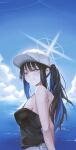  1girl black_camisole black_hair blue_archive blue_eyes blue_sky breasts camisole cloud day halo hat highres long_hair looking_at_viewer medium_breasts moda_(mo_da_3) outdoors ponytail saori_(blue_archive) sky smile solo upper_body white_halo white_headwear 