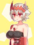  1girl anger_vein bare_shoulders between_breasts blush breasts cleavage commentary cougar_(cougar1404) dragon:_marked_for_death empress_(dmfd) hair_ornament looking_at_viewer red_eyes scar scar_on_cheek scar_on_face short_hair solo strapless sweat tube_top white_hair 