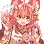  1boy animal_ears apron ensemble_stars! flower fox_boy fox_ears fox_tail green_eyes grey_background himemiya_tori japanese_clothes kimono koi_koi_cafe_(ensemble_stars!) male_focus official_alternate_costume pink_flower pink_hair red_kimono sansooisiine short_hair short_hair_with_long_locks simple_background solo tail white_apron 