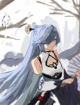  1girl aqua_cape bare_shoulders bird bird_hair_ornament blue_eyes blue_hair branch cape china_dress chinese_clothes cleavage_cutout closed_mouth clothing_cutout dress earrings fu_hua fu_hua_(azure_empyrea) grey_hair hair_ornament hair_over_one_eye hairpin hanfu high_ponytail highres holding holding_umbrella honkai_(series) honkai_impact_3rd jewelry looking_at_viewer oil-paper_umbrella paintbrush paintbrush_hair_ornament pleated_sleeves ponytail sho_2nini shoulder_cutout single_earring solo tassel tassel_earrings umbrella white_background white_dress wide_sleeves yin_yang 