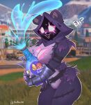 absurd_res anthro bear belt clothed clothing epic_games eye_scar facial_scar female fortnite fur glowing glowing_eyes glowing_nose hi_res holding_object hood kirumeow mammal pink_eyes pink_mouth pink_nose purple_body purple_fur raven_team_leader scar shadow_face solo standing text