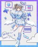  1girl alternate_costume apron bandaid bandaid_hair_ornament between_fingers blue_border blue_bow blue_bowtie blue_jacket blue_skirt border bow bowtie brown_hair candy capelet cevio closed_mouth cloud colored_tips commentary_request commission detached_wings drop_shadow food frilled_capelet frilled_hairband frills fujifuji0330 full_body gradient_border grey_choker hair_bun hair_ornament hairband halo heart highres holding holding_candy holding_food holding_lollipop holding_phone jacket jersey_maid leg_warmers lollipop looking_at_viewer low_wings maid medium_hair miniskirt multicolored_hair phone pink_hair pixel_heart pixelated platform_footwear purple_border satou_sasara shoes side_ponytail simple_background single_side_bun skeb_commission skirt smile solo sparkle spoken_heart spoken_object standing standing_on_one_leg thank_you track_jacket unconventional_maid waist_apron white_apron white_background white_capelet white_footwear wings yellow_eyes 