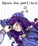  1girl 1other ahoge aqua_bow blunt_bangs bow closed_eyes commentary english_commentary english_text highres meme patchouli_knowledge pillow purple_bow purple_hair simple_background sleeping striped_background striped_clothes tem_(insomnia_tem) touhou twitter_strip_game_(meme) under_covers white_background zzz 