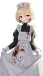  1girl absurdres alternate_costume apron black_dress blonde_hair blood blood_on_clothes blood_on_face braid brown_eyes closed_mouth commentary_request dress enmaided feet_out_of_frame gloves hat headset highres juliet_sleeves light_blush light_smile long_dress long_sleeves looking_to_the_side maid maid_apron nurse_cap nurse_robot_type_t puffy_sleeves short_hair side_braids sidelighting simple_background skirt_hold sleeve_cuffs solo standing utau white_apron white_background white_gloves xdp_(dx19291005) 