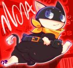 absurd_res anthro atlus balls belt black_body black_fur blue_eyes butt domestic_cat felid feline felis flexible fur genitals hi_res kerchief looking_at_viewer looking_back looking_back_at_viewer male mammal mask megami_tensei megami_tensei_persona morgana_(persona) mostly_nude neckerchief salamikii sega slightly_chubby solo splits spread_legs spreading stretching teapot_(body_type) toony