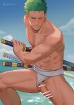  1boy abs bar_censor bara blush censored colored_pubic_hair cowboy_shot day earrings erection fighting_stance fundoshi green_hair highres holding holding_sword holding_weapon japanese_clothes jewelry male_focus male_pubic_hair male_underwear muscular muscular_male navel ocean one_eye_closed one_piece outdoors pectorals penis penis_slip pubic_hair roronoa_zoro scar scar_across_eye scar_on_chest scar_on_face short_hair sideburns single_earring smile solo sword testicle_peek topless_male triple_wielding uhai underwear underwear_only weapon white_male_underwear 