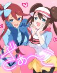  2girls :d aqua_eyes blue_eyes blue_gloves blush breasts brown_hair commentary_request double_bun gloves gradient_background hair_bun heart highres kamuraaa_615 large_breasts long_hair multiple_girls navel pink_background pokemon pokemon_bw pokemon_bw2 red_hair rosa_(pokemon) shorts skyla_(pokemon) smile teeth twintails upper_teeth_only visor_cap yellow_shorts 