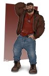  1boy arm_behind_head baggy_pants bara bead_necklace beads brown_hair brown_jacket contrapposto denim dog_tags full_body hand_hair hand_in_pocket inset_border jacket jeans jewelry male_focus mature_male milo_(theborklords) muscular muscular_male necklace original pants pectorals second-party_source short_hair solo standing thick_mustache tim_(shockjaws) undercut wavy_hair 