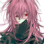  1boy black_capelet black_gloves blurry capelet chinese_commentary closed_mouth commentary_request gloves hair_between_eyes hand_to_own_mouth long_hair male_focus nijou_ryuu panopticonn patchwork_skin pink_hair portrait red_eyes saibou_shinkyoku simple_background sketch solo uneven_eyes white_background 