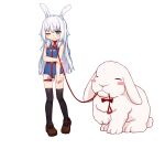  1girl animal animal_ears black_thighhighs blue_eyes closed_mouth highres one_eye_closed original qswan rabbit rabbit_ears rabbit_girl school_swimsuit school_uniform simple_background swimsuit thighhighs variant_set wavy_mouth white_background white_hair 