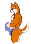 amaranthnymph animal_crossing anthro back_muscles big_butt blush blush_lines bulge butt canid canine clothing copper_(animal_crossing) hi_res holding_object holding_towel jockstrap male mammal muscular muscular_arms muscular_legs muscular_male nintendo nipples pecs side_view solo tail towel underwear