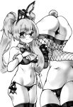  1girl alternate_costume animal_ears ass belly bikini blush breasts cleavage closed_mouth commentary cowboy_shot fishnet_thighhighs fishnets greyscale long_hair looking_at_viewer medium_breasts monochrome mononobe_no_futo multiple_views navel playboy_bunny ponytail qwas69 rabbit_ears rabbit_tail smile swimsuit tail thighhighs touhou 