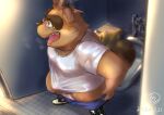 2024 absurd_res anthro balls barely_visible_balls barely_visible_genitalia bathroom bottomwear bottomwear_down brown_body brown_fur bulge canid canine clothed clothing detailed_background fur genitals hi_res kemono kounosuke_(morenatsu) male mammal mesidukainumaru morenatsu pants pants_down partially_clothed raccoon_dog shirt slightly_chubby solo tanuki topwear underwear underwear_down