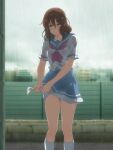  1girl backlighting blue_skirt blurry bra bra_visible_through_clothes brown_eyes brown_hair city depth_of_field fence hibike!_euphonium highres kitauji_high_school_uniform neckerchief oumae_kumiko pink_bra pink_neckerchief rain sailor_collar sbel02 school_uniform see-through serafuku short_sleeves skirt socks solo underwear water_drop wet wet_clothes wet_hair white_socks wringing_clothes wringing_skirt 