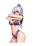  1girl artist_name baldur&#039;s_gate baldur&#039;s_gate_3 bare_arms bare_shoulders black_shirt blush blushyspicy breasts cleavage closed_mouth cropped_legs dungeons_and_dragons green_eyes grey_hair groin hair_ornament hands_up heart large_breasts looking_at_viewer multi-tied_hair navel panties pointy_ears purple_panties shadowheart_(baldur&#039;s_gate) shiny_skin shirt smile solo stomach underwear undressing 