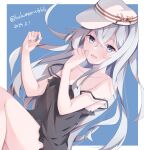  1girl black_camisole blue_eyes blush camisole collarbone dated feet_out_of_frame grey_hair hair_between_eyes hammer_and_sickle hat hibiki_(kancolle) kantai_collection kukimaru long_hair open_mouth smile solo thighs twitter_username verniy_(kancolle) white_headwear 