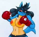anthro aoki_(vulpinecrew) attacking_viewer black_hair blue_body blue_fur blue_tail boxing boxing_gloves boxing_gloves_only breasts clothing exposed_breasts fan_character female fur generation_4_pokemon hair half-length_portrait handwear handwear_only hi_res lucario mostly_nude nintendo pokemon pokemon_(species) portrait red_eyes smile smirk solo sport tail traditional_media_(artwork) vulpinecrew yellow_chest