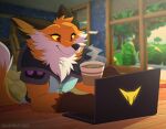 absurd_res anthro beverage canid canine clothing coffee coffee_cup coffee_mug computer container cup electronics epic_games fennix_(fortnite) fortnite fox fur gloves green_clothing grin handwear hi_res inside laptop latex latex_clothing leo-wolf male mammal morning orange_body orange_fur smile solo spikes tail white_body white_fur yellow_eyes