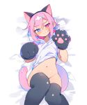  1boy animal_ears animal_hands black_thighhighs blue_eyes blush bright_pupils claws clenched_hand closed_mouth covered_navel cowboy_shot dot_nose fake_animal_ears gloves hair_between_eyes head_tilt heterochromia highres hood hoodie knees_together_feet_apart looking_at_viewer lying male_focus medium_hair on_back open_hand original paw_gloves paw_pose pink_eyes pink_hair pink_tail raito-kun_(uenomigi) short_sleeves solo stomach sweat tail thick_thighs thighhighs thighs tsurime uenomigi white_background white_hoodie white_pupils 
