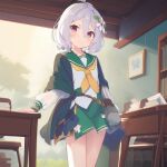  1girl ai-generated alternate_costume bag blush closed_mouth coat flower hair_flower hair_ornament holding_table kokkoro_(princess_connect!) looking_to_the_side princess_connect! red_eyes school_uniform short_hair skirt solo wagase white_hair 