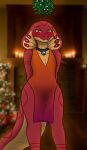 ambiguous_gender anthro bell bell_collar blush christmas clothed clothing cobra collar digital_media_(artwork) dress girly hi_res holidays kawattame looking_at_viewer male mistletoe multi_eye orange_eyes plant red_body red_eyes reptile scalie smile snake snake_hood solo tail thick_tail thick_thighs wide_hips