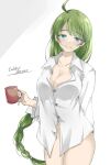 1girl ahoge blue_eyes braid breasts cleavage collared_shirt cowboy_shot cup dress_shirt gakky green_hair highres holding holding_cup kantai_collection large_breasts long_hair mole mole_under_mouth mug no_panties one-hour_drawing_challenge shirt single_braid solo standing white_shirt yuugumo_(kancolle) 