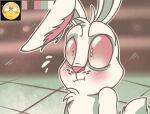 2018 8-bit-britt anthro blush blush_lines buckteeth bust_portrait chest_tuft cute_expression digital_media_(artwork) fur hair lagomorph leporid long_ears male mammal pink_nose pink_sclera portrait rabbit redmond scut_tail short_tail solo standing surprise surprised_expression tail teeth tuft whiplash_(game) white_body white_chest_tuft white_ears white_fur white_hair white_tail white_tuft