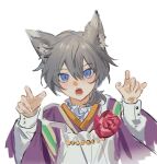  1boy aged_down androgynous animal_ears apron child ensemble_stars! flower fox_boy fox_ears grey_background he_yi_bei_cha japanese_clothes kimono looking_at_viewer male_focus paw_pose purple_kimono red_flower shiina_niki simple_background solo white_apron 
