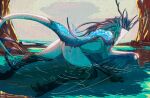 anthro bathing blakezarks blue_body bodily_fluids butt cel_shading cloud crystal detailed_background dragon drizzle female full-length_portrait genital_fluids hair hi_res lady_seinardhyn lake licking looking_at_viewer marine outside peaceful pinup plant portrait pose purple_body queen raining raised_tail rear_view river royalty scalie shaded solo tail tail_motion tailwag teasing tongue tongue_out translucent translucent_wings tree water white_body wings wyvern