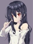  1girl azumawari_(azumofu) bare_shoulders black_hair breasts closed_mouth collarbone commentary_request grey_background hair_over_one_eye hand_up looking_at_viewer off_shoulder red_eyes shirt simple_background small_breasts solo the_ring upper_body white_shirt yamamura_sadako 