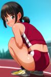  1girl absurdres ass black_hair blue_sky blurry blush breasts brown_eyes buruma day depth_of_field highres looking_at_viewer looking_back matsunaga_kouyou nose_blush open_mouth original outdoors panties_under_buruma playing_sports ponytail shiny_skin shoes short_hair short_ponytail sidelocks sky small_breasts solo squatting thighs 