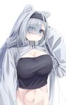  1girl animal_ears arknights aurora_(arknights) bear_ears black_hairband blue_eyes breasts cleavage commentary_request dkzksp grey_hair hair_over_one_eye hairband highres large_breasts long_hair long_sleeves looking_at_viewer midriff navel shrug_(clothing) simple_background solo stomach strapless tube_top upper_body very_long_hair white_background 