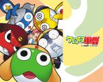  1girl 6+boys black_eyes black_hair copyright_name dororo_(keroro_gunsou) frog giroro glasses hat headphones hinata_fuyuki hinata_natsumi hood hoodie keroro keroro_gunsou kururu_(keroro_gunsou) long_hair looking_at_viewer mask multiple_boys ninja official_art official_wallpaper pink_eyes pink_hair shirt short_hair simple_background tamama yoshizaki_mine 