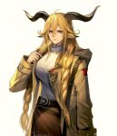  animal_ears arknights asymmetrical_sidelocks blonde_hair breasts brown_horns brown_skirt degenbrecher_(arknights) goat_ears goat_girl highres horns jacket large_breasts open_clothes open_jacket pienahenggou skirt turtleneck yellow_eyes yellow_jacket 