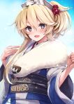  1girl :d artist_name blonde_hair blue_eyes blue_kimono blush dated english_commentary feather_boa flower fur-trimmed_kimono fur_trim hair_between_eyes hair_flower hair_ornament hands_up headgear highres iowa_(kancolle) japanese_clothes kantai_collection kimono long_hair long_sleeves mashiro_yukiya new_year obi obijime official_alternate_costume open_mouth red_flower sash signature simple_background smile solo star-shaped_pupils star_(symbol) symbol-shaped_pupils upper_body wide_sleeves 
