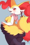  1girl absurdres animal_ear_fluff animal_ears animal_feet animal_nose artist_name ass back black_fur blue_background blush body_fur braixen breasts commentary embarrassed fangs flying_sweatdrops fox_ears fox_girl fox_tail from_behind furry furry_female hand_up highres leg_up lifted_by_self looking_back looking_down medium_breasts multicolored_fur neck_fur open_mouth pokemon pokemon_(creature) raised_eyebrows red_eyes sharp_teeth shiitake_fuumi signature simple_background snout solo standing standing_on_one_leg stick sweat tail teeth white_fur wide_hips yellow_fur 