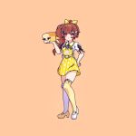 1girl brown_eyes brown_hair cross_(vgne4542) egg hair_ornament hairpin hand_on_own_hip highres ponytail ribbon solo 