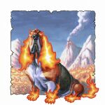 1:1 ambiguous_gender canid canid_demon cc-by-nc-sa chorilate claws creative_commons demon elemental_creature feral fire fire_creature flaming_tail floppy_ears hellhound mammal paws quadruped solo tail volcano